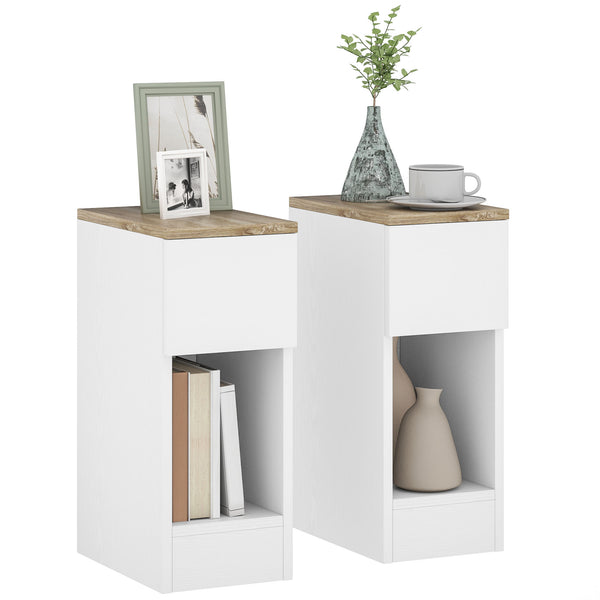 Slim White & Oak Side Table Set for Bedroom, Living Room