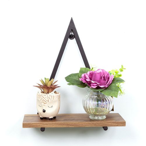 Triangle Shelf Dark Oak Wall Storage with Black Frame