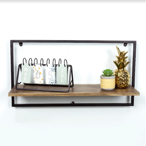 Dark Oak Floating Wall Shelf with Black Iron Frame