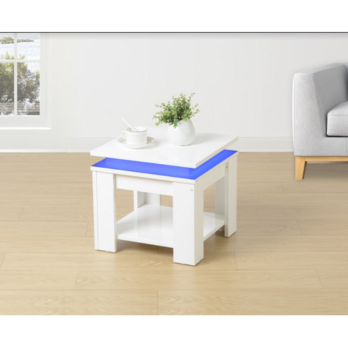 Modern White Side Table with Blue LED Light