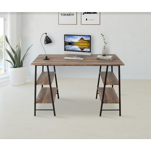 Stylish Home Office Desk with Side Shelves - Black & Oak