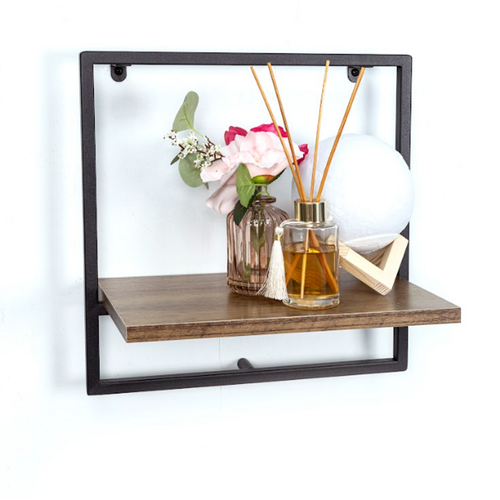 Dark Oak Wall Shelf with Modern Black Metal Frame