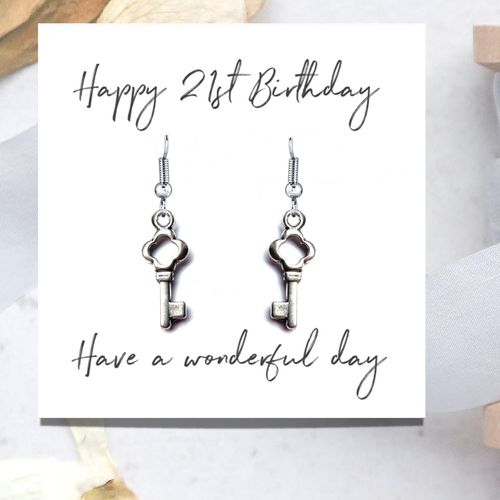 Happy 21st Birthday Silver Earrings & Message Card