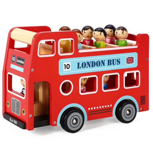 Wooden Red London Bus Toy with Figurines