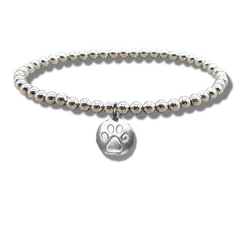 Paw Print Stretch Silver Beaded Bracelet