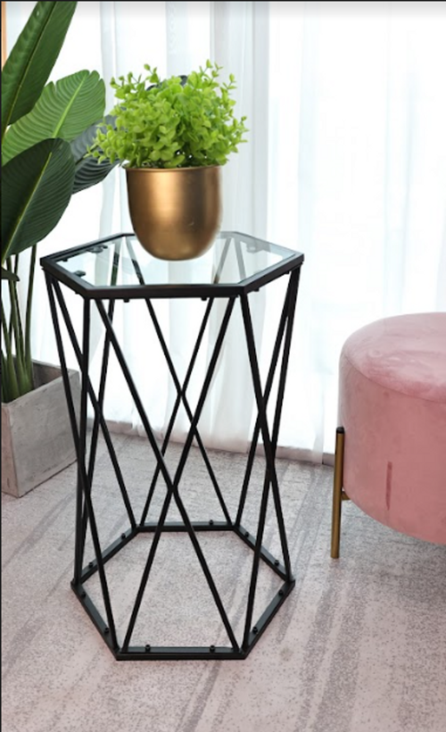 Sleek Black Hexagon Glass Side Table - Small Size