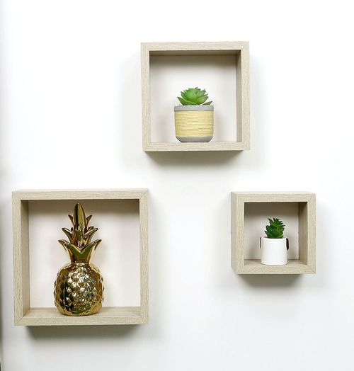 Stylish Oak Cube Floating Wall Shelves - Set of 3