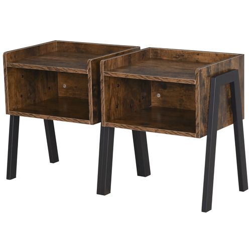 Brown & Black Industrial Side Table Set - Stackable Design with Compartment