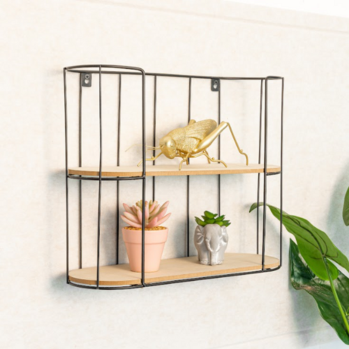 Modern 2 Tier Wall Shelf with Black Metal Frame